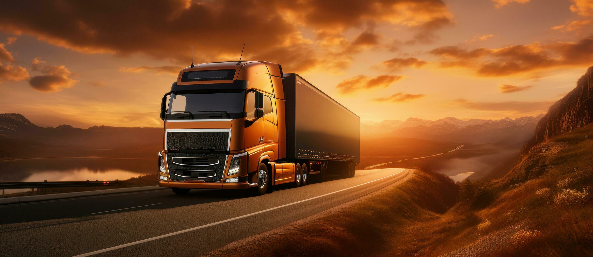 an-orange-semi-truck-driving-across-the-road-in-late-evening-by-sunset-free-photo